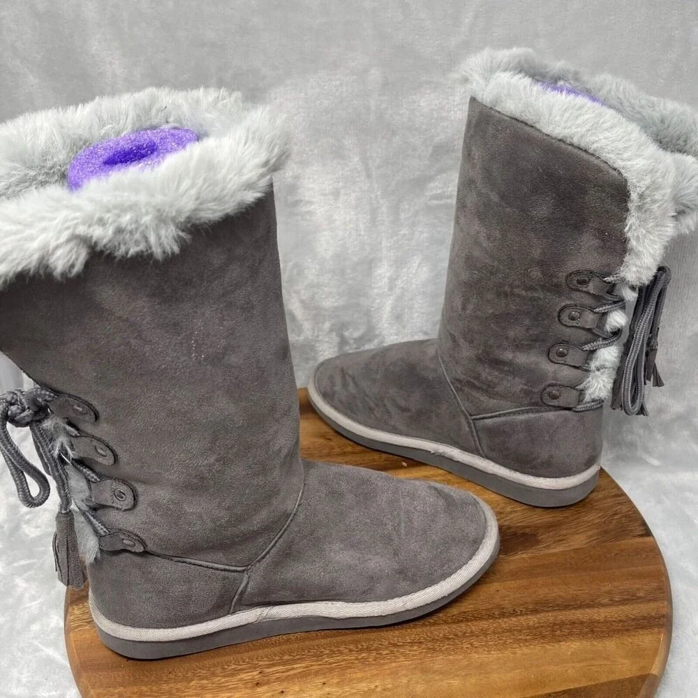 Rampage Boots Girls 4M Gray Faux Suede Soft Plush Fur Lined‎ Tall Fall Winter
